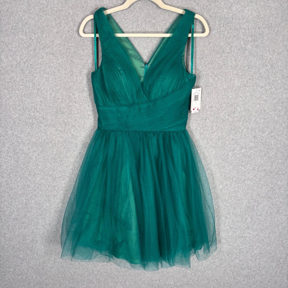 NEW $189 Rene Ruiz Pleated Tulle Mini Dress 4 Emerald Green Ethereal Fairy HOCO